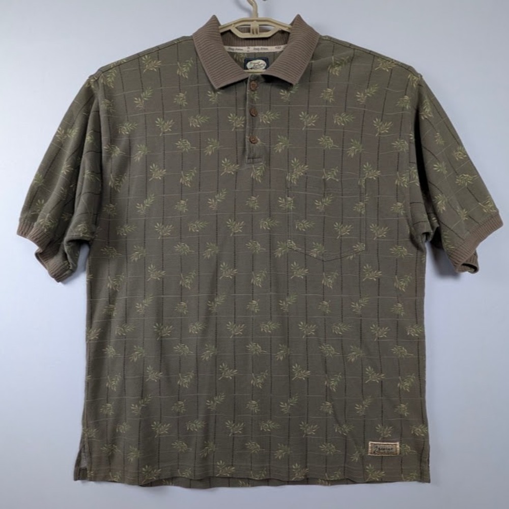 Vintage‎ Tommy Bahama Short Sleeve Cotton Polo Shirt XL Olive Green Floral Print